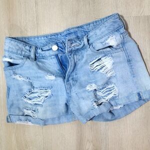 Distressed Light Blue Denim Shorts